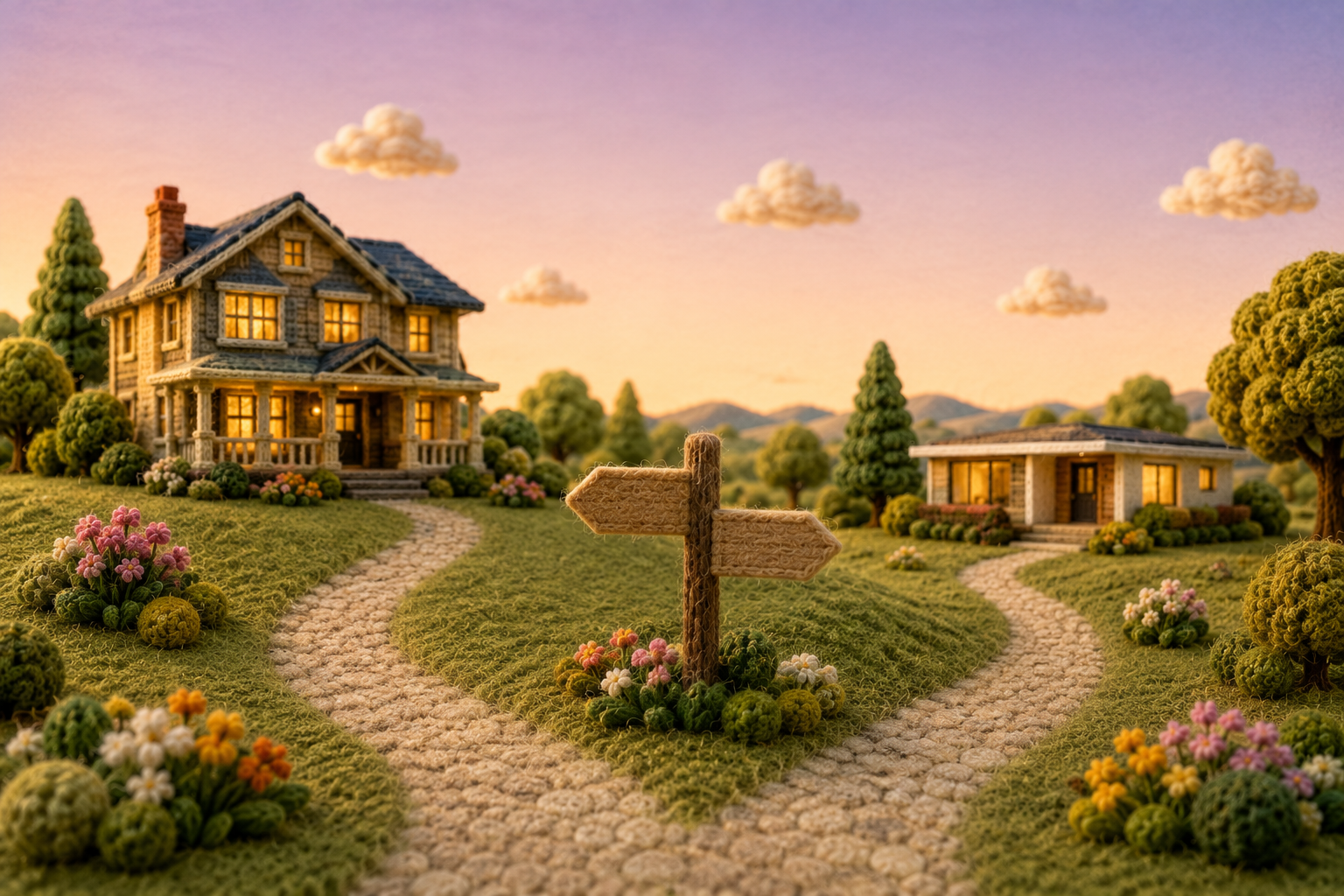 A felted wool country road forking into two paths, one leading to a modern house and the other to a smaller bungalow