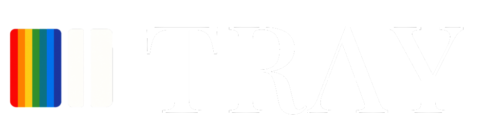 Logo with a vertical rainbow-striped square and two white vertical bars next to the word TRAY in white text.