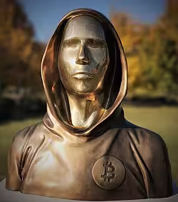 Bronze statue of a hooded figure with a Bitcoin symbol on the chest.