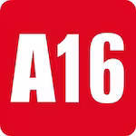 White 'A16' text on a red square background with rounded corners.