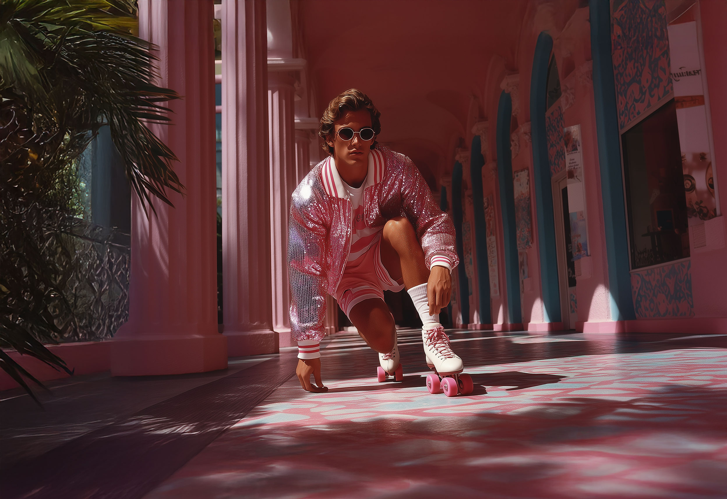 Person in pink sequined jacket on white roller skates with pink wheels in a pink hallway with blue arches.
