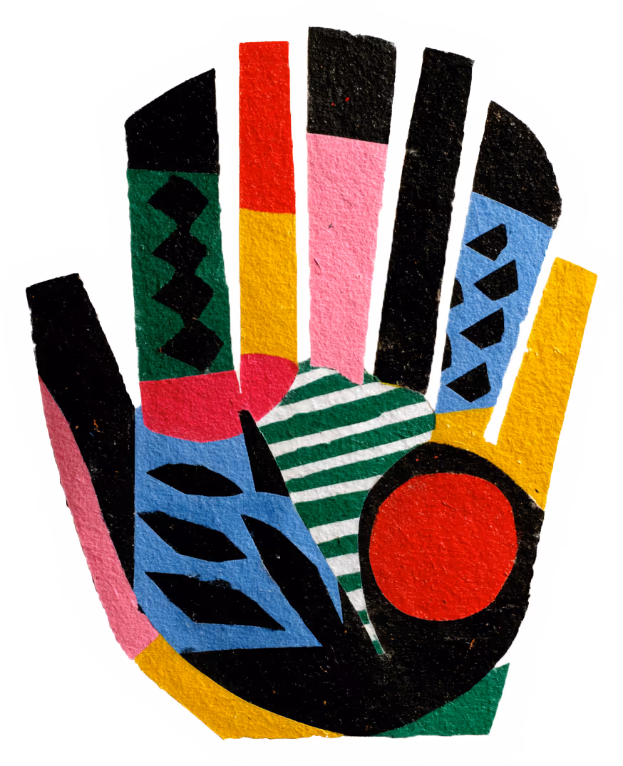 Colorful abstract hand illustration with geometric shapes and patterns on fingers and palm.