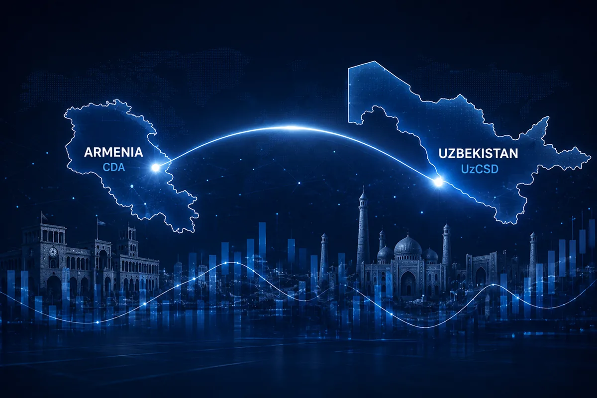 Illustration showing a direct depository link connecting the capital markets of Armenia and Uzbekistan through the CDA and UzCSD infrastructure.