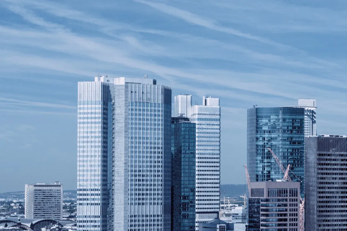 Skyline of a modern financial district with office towers