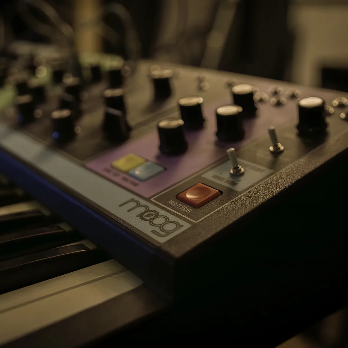 Close-up of a Moog synthesizer with knobs, switches, and keyboard keys visible.