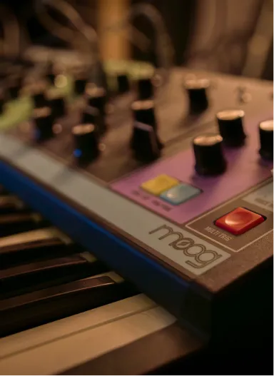 Close-up of a Moog synthesizer keyboard and control knobs with colorful buttons.