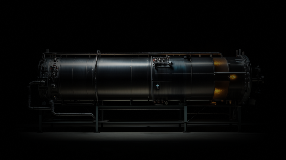 Profile of a render of a reactor shrouded in darkness with a spotlight from above.