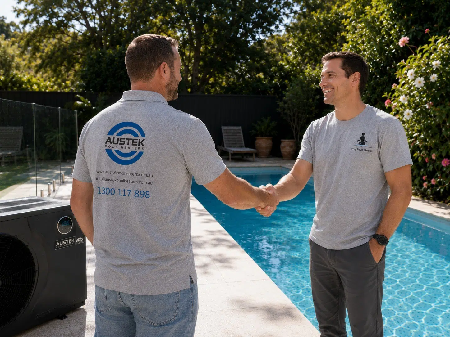 Two men shake hands near a pool with one wearing an Austek Pool Heaters shirt by a pool heater unit.