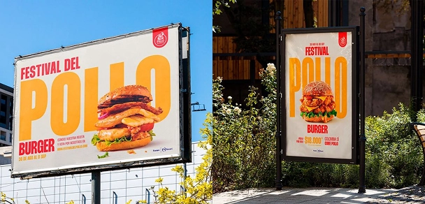 Two outdoor advertisements for Festival del Pollo burger, featuring a large burger with chicken, cheese, and lettuce against a bright background with bold text in yellow and red.