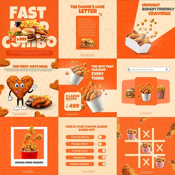 Bright orange and beige food advertisement featuring various fried chicken dishes including combos, large boxes, and special fried chicken, with playful text such as 'Fast Food Combo,' 'Midnight Budget Friendly Cravings,' and 'The First-Date Meal.' Cartoon heart-shaped fried chicken character, tic-tac-toe game with fried chicken pieces, and a flavor alarm checklist with toggles for Craving Status, Hunger Alarm, Crunch Level, Happiness, and System Update are shown.