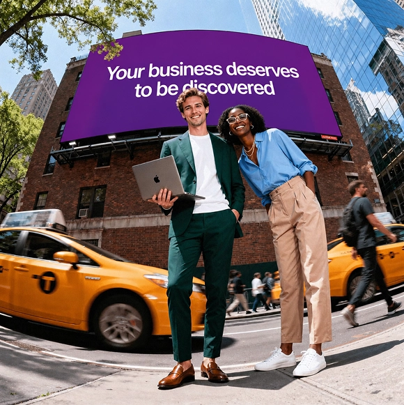 Smiling man in a green suit holding a laptop and a woman in a blue shirt and beige pants standing on a busy city sidewalk with yellow taxis driving by and a large billboard behind them reading 'Your business deserves to be discovered.'