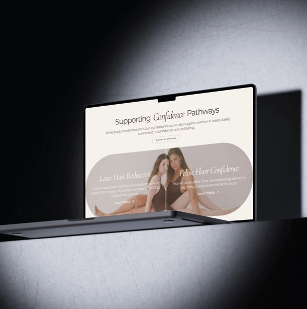 Open laptop displaying a website section titled 'Supporting Confidence Pathways' focused on body transformation and women's wellbeing, featuring options for Laser Hair Reduction and Pelvic Floor Confidence with images of two women seated together.