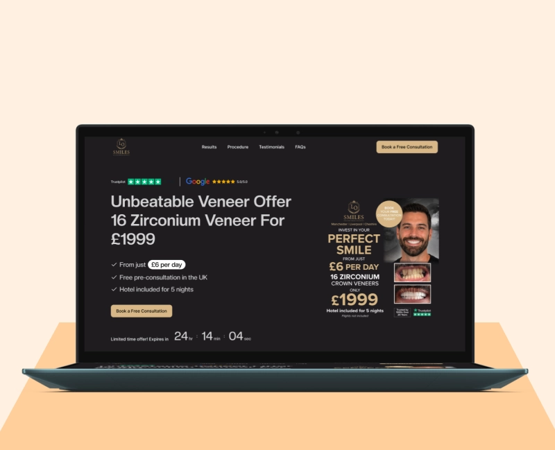Laptop screen displaying a dental clinic's offer for 16 zirconium veneers at £1999 with payments from £6 per day, including free UK pre-consultation and hotel for five nights, with a smiling man's photo and before-and-after veneer images.