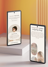 Two smartphones placed on geometric stands against a gradient orange background, each displaying a wellness or lifestyle app interface with text and images of people and plants.
