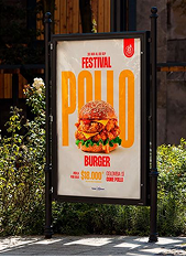 Outdoor sign for a World Festival Pollo burger, featuring an image of a burger with lettuce, tomato, cheese, and sauce, priced at $18,000 with a coupon.