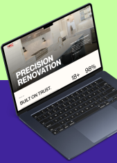Open laptop displaying a website homepage with a bathroom renovation image and text reading Precision Renovation, Built on Trust, 18+, and 98%.