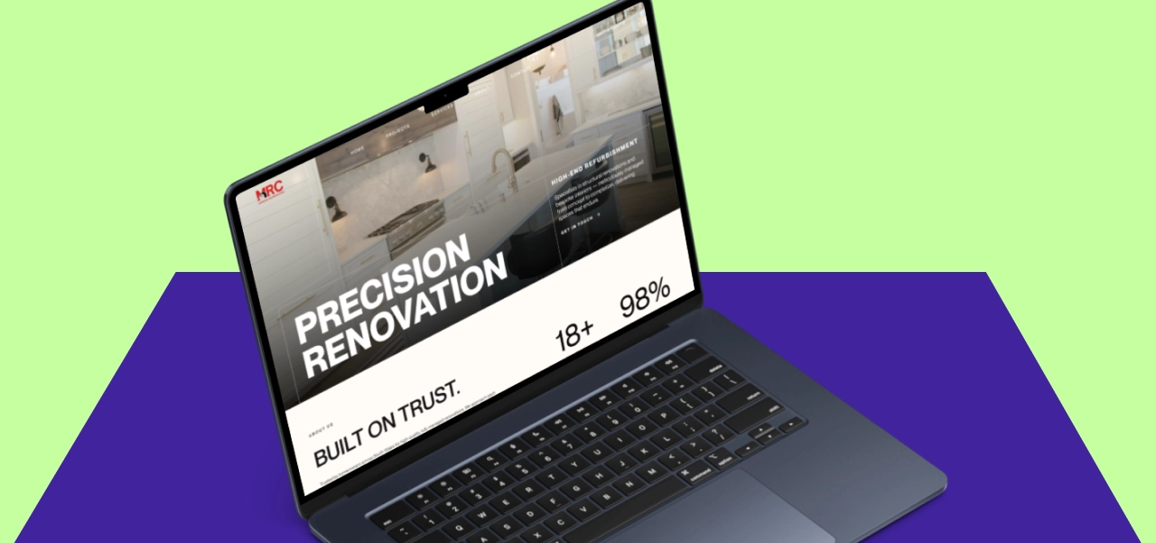 A dark gray laptop on a blue surface with a bright green background, displaying a website homepage featuring home renovation services with the headline 'Precision Renovation' and phrases 'Built on trust', '18+', and '98%'.
