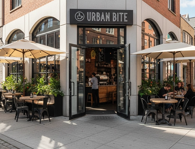 Corner view of Urban Bite café with open glass doors, outdoor seating under umbrellas, and plants along the sidewalk in an urban setting.