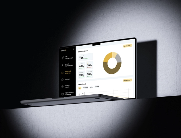 Open laptop on a dark shelf displaying a business analytics dashboard with pie chart and leads data on a bright screen.