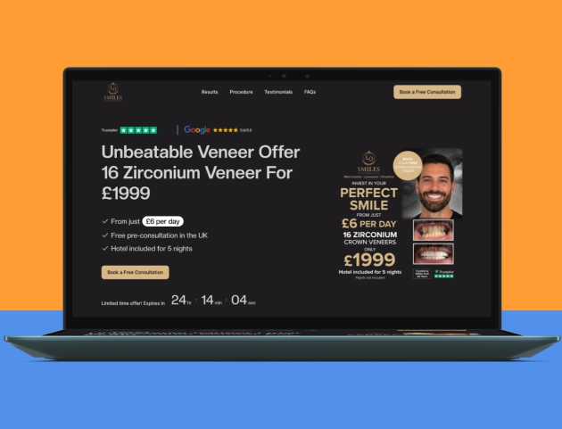 Laptop screen showing an advertisement for an unbeatable veneer offer of 16 zirconium veneers for £1999 with payments from £6 per day, including a free UK pre-consultation and hotel stay for 5 nights, featuring a smiling man and before-and-after images of dental veneers, with a countdown timer for the limited-time offer.