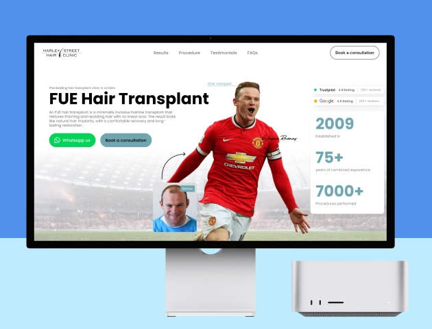 Computer monitor displaying a webpage for Harley Street Hair Clinic's FUE Hair Transplant with a before and after photo of a man and a soccer player celebrating, alongside text on clinic ratings, establishment year, experience, and procedures performed.