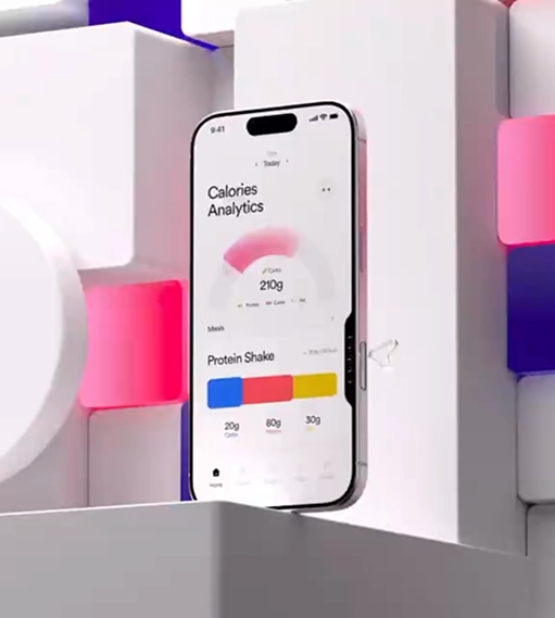 Smartphone displaying a calories analytics app showing a circular chart with 210g total calories and a protein shake breakdown of 20g carbs, 80g protein, and 30g fat on a white background with abstract colorful block shapes around.