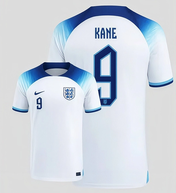 Front and back view of a white England football jersey with blue gradient shoulders, showing the number 9 on the front and back, the England team crest on the front, and the name 'KANE' above the number on the back.