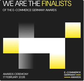 Graphic stating 'We are the finalists of the E-Commerce Germany Awards' with details of the awards ceremony on 17 February 2026, featuring blurred vertical and horizontal bars in black, white, and yellow.