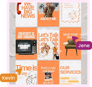 Grid of nine orange-themed social media posts including 'We Have Big News,' a woman with camera about me, creativity statement, vintage TV saying coming soon, woman with towel on head calling, chair with save your spot text, clock with time is flying, call to action, and list of services: storytelling, marketing, event planning, and organization.
