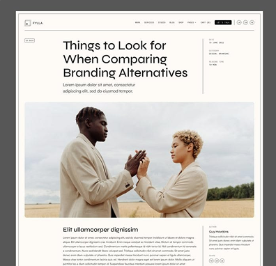Website blog page titled 'Things to Look for When Comparing Branding Alternatives' showing a photo of a man and woman standing face to face with hands touching. Both wear light-colored jackets and stand in an open field under a cloudy sky. The page includes placeholder text and a sidebar author section.