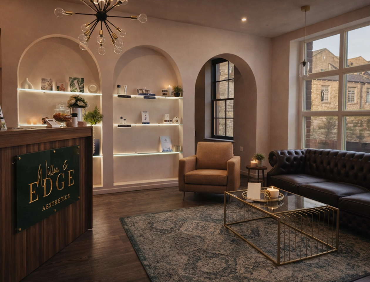 Cozy waiting area in an aesthetics clinic with a wooden reception desk featuring a sign reading 'Willow & Edge Aesthetics,' illuminated arched shelves with skincare products, a beige armchair, a dark brown leather sofa, a patterned rug, a glass coffee table with candles, and large windows showing a stone building outside.