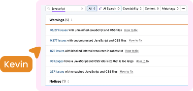 Screenshot of a web audit tool showing JavaScript issues including warnings about unminified files, uncompressed files, blocked internal resources, large total size, and uncacheable files with counts and 'How to fix' links.
