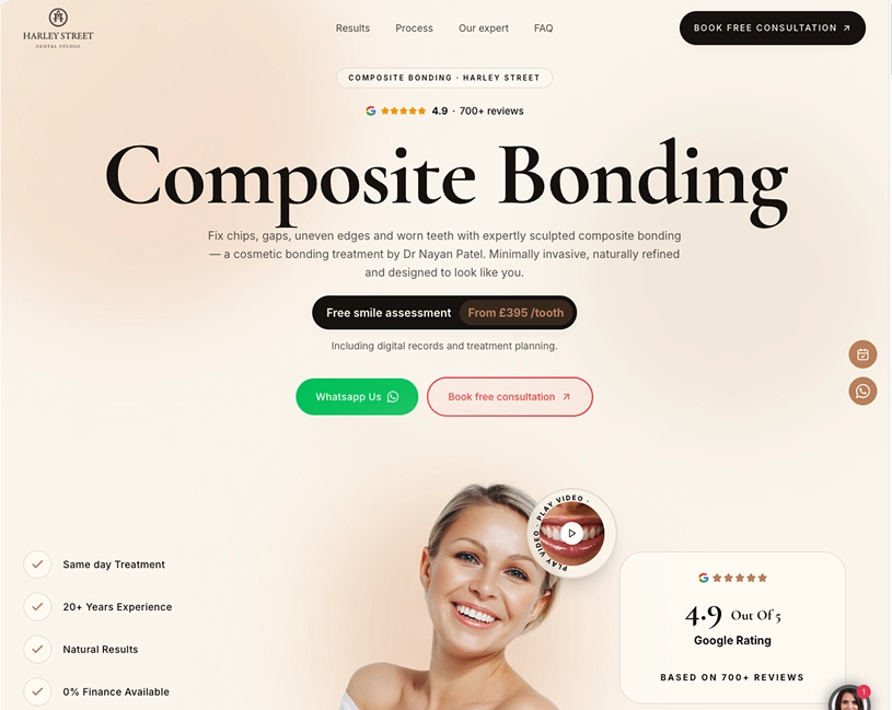 Webpage header for Harley Street Dental Studio's composite bonding service featuring a smiling woman and text describing the treatment for fixing chips, gaps, and worn teeth with sculpted composite bonding. The page highlights a 4.9 Google rating from 700+ reviews, offers a free smile assessment from £395 per tooth, and includes options to WhatsApp or book a free consultation. Benefits listed include same-day treatment, over 20 years of experience, natural results, and 0% finance availability.