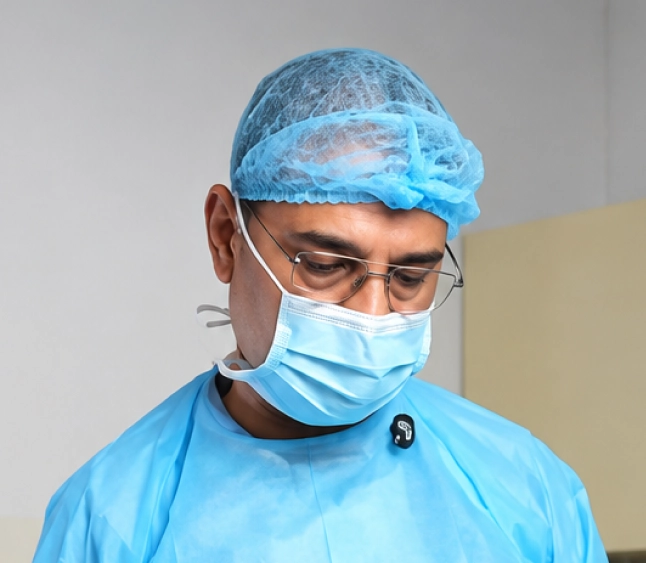 Man wearing eyeglasses, blue surgical cap, blue face mask, and blue medical gown looking down intensely.