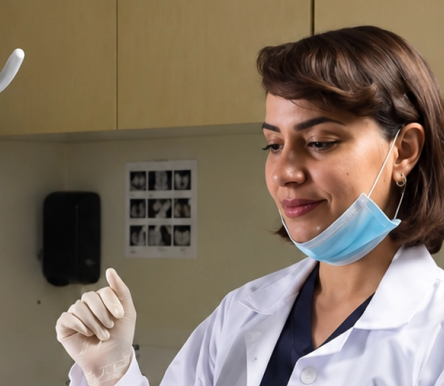 Female healthcare professional wearing a white lab coat, blue surgical mask under her chin, and white gloves, looking attentively to the side in a medical or dental office.