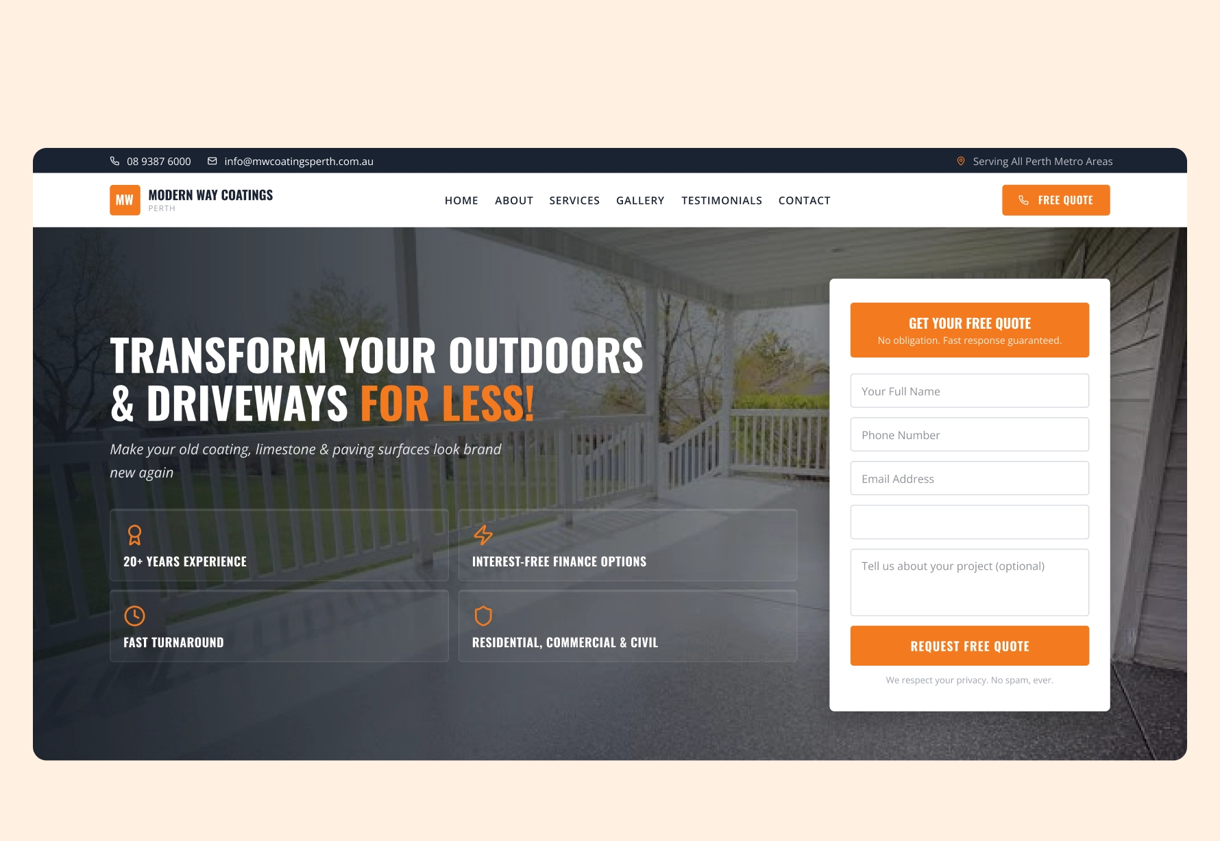 Website homepage for Modern Way Coatings Perth showing a porch with railing and concrete floor, promoting outdoor and driveway transformations for less, highlighting 20+ years experience, interest-free finance options, fast turnaround, and residential, commercial, and civil services, with a form on the right for a free quote including fields for name, phone, email, project details, and a submit button.