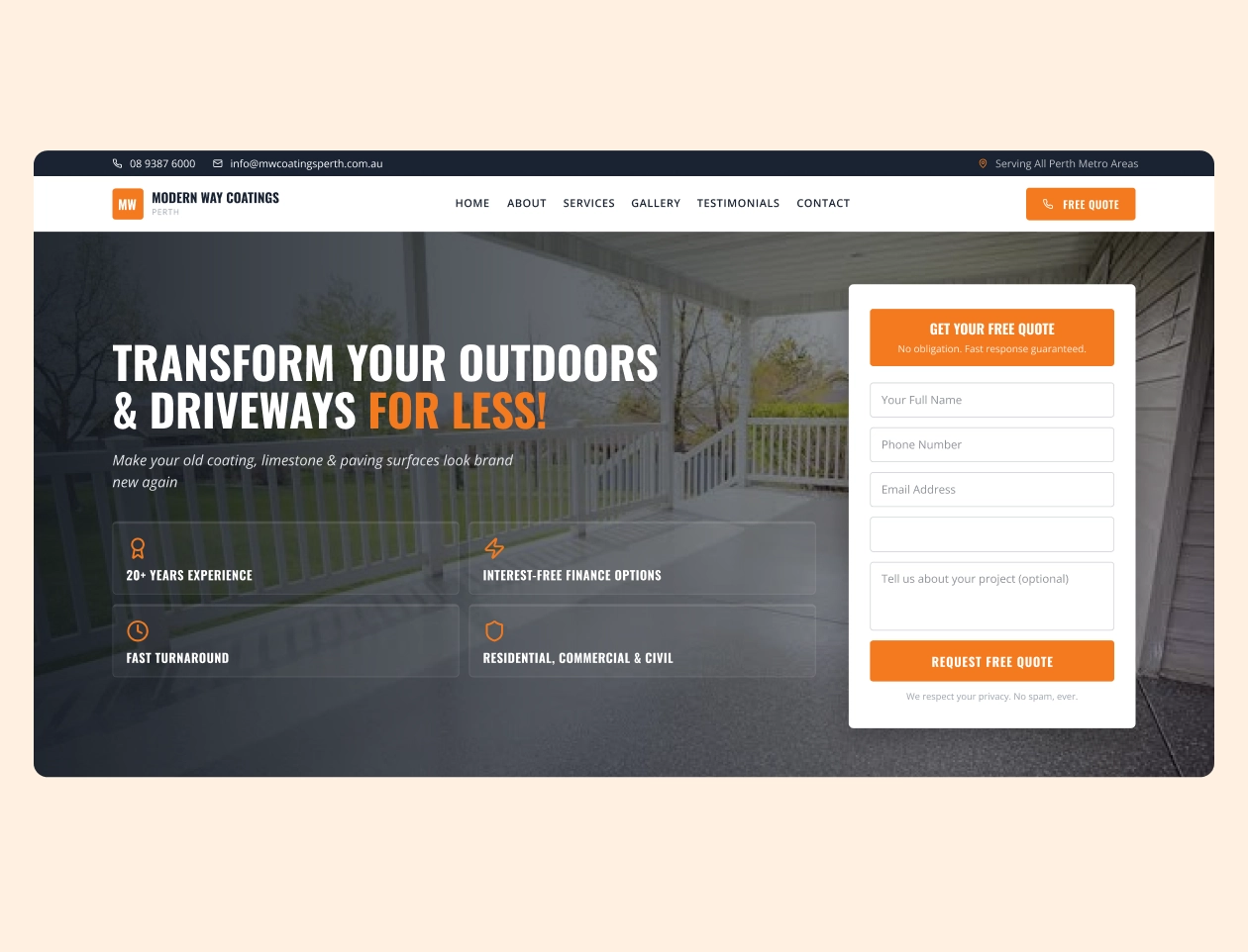 Website homepage for Modern Way Coatings Perth featuring a call to action to transform outdoors and driveways for less, highlighting 20+ years experience, interest-free finance, fast turnaround, and residential, commercial and civil services, with a form to request a free quote.