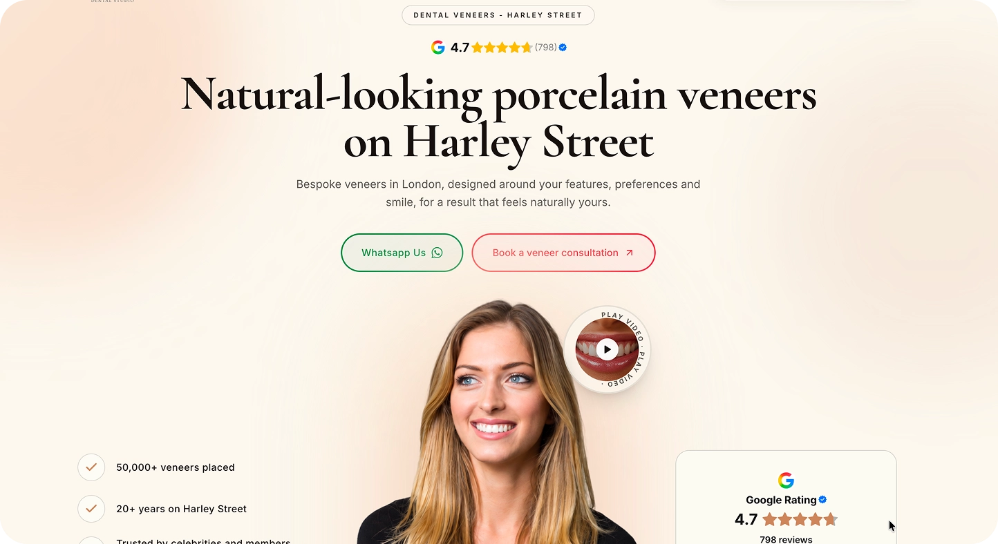 Website section advertising natural-looking porcelain veneers on Harley Street with a smiling woman below the headline, 4.7 Google rating with 798 reviews, and buttons for WhatsApp contact and booking a veneer consultation.