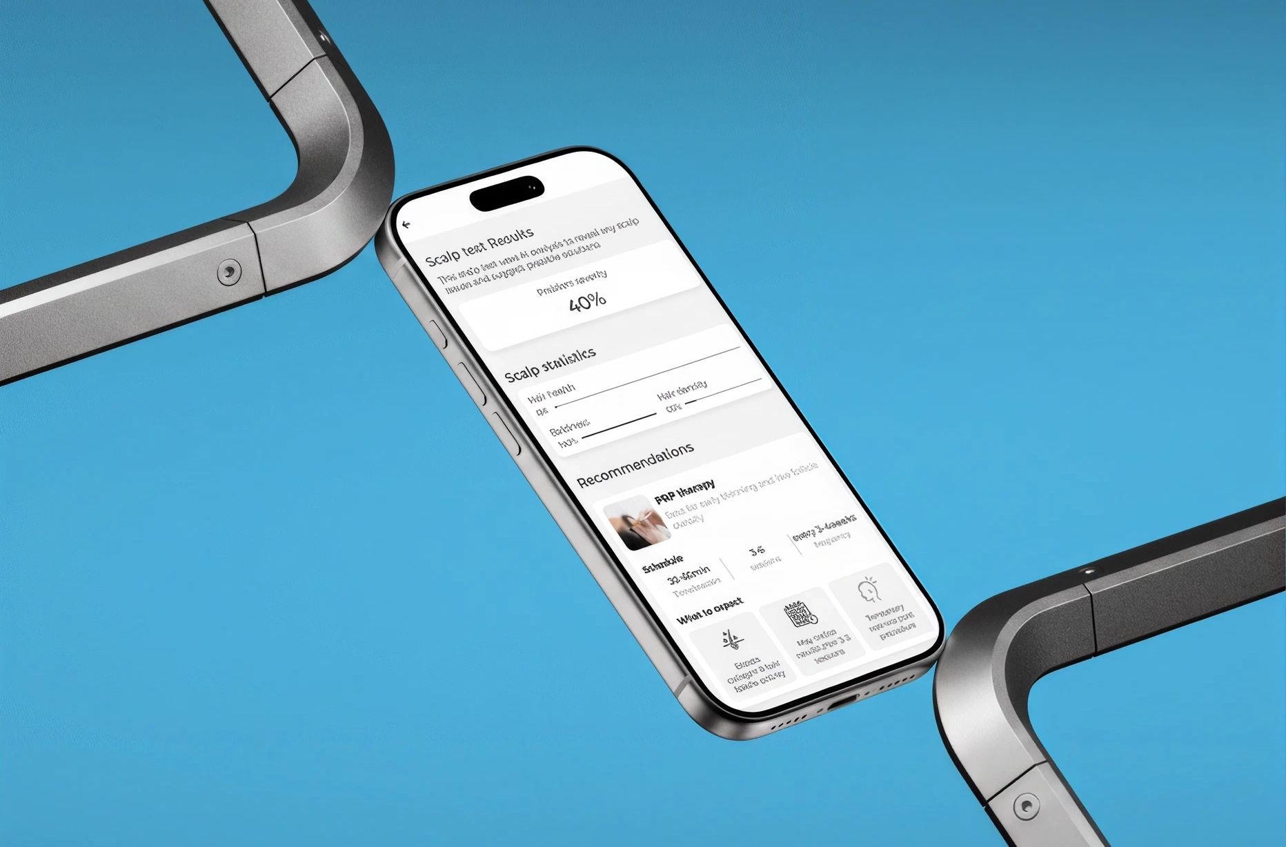 Smartphone displaying an app with scalp test results showing 40% photo recovery, scalp statistics for hair health, baldness, hair damage, and recommendations including FPP therapy with details on schedule and frequency.