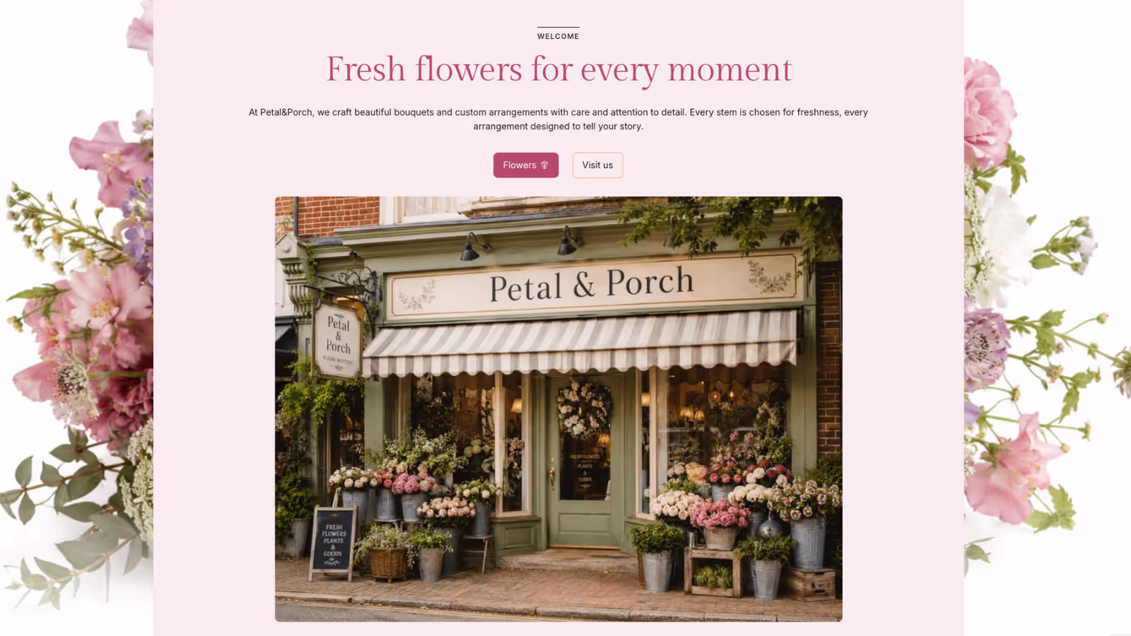Petal & Porch flower shop storefront with pink and white floral displays outside under striped awning. Screenshot of Petal&Porch home page.