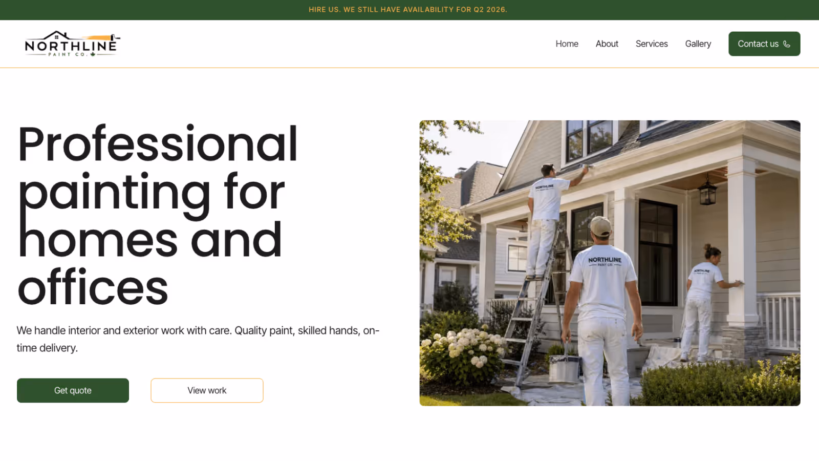 Three painters in Northline Paint Co. shirts painting a white house exterior on a sunny day. Screenshot of Northline home page.