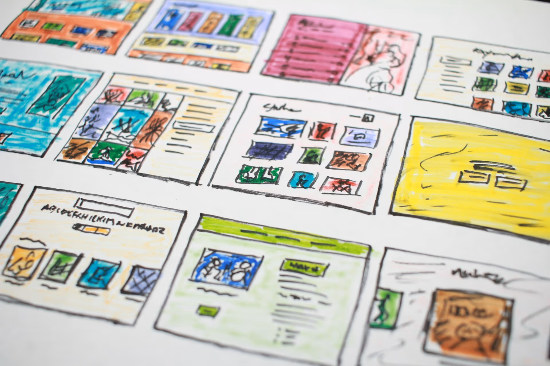 Colored hand-drawn website wireframes with various boxes, icons, and text blocks on paper.