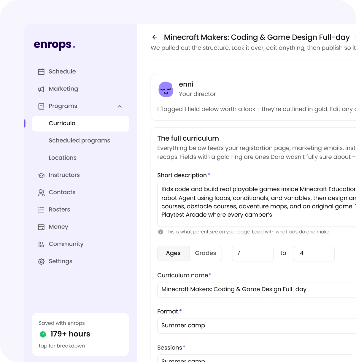 Enrops dashboard showing Minecraft Makers: Coding & Game Design Full-day program with Enni, age range 7–14, summer camp format