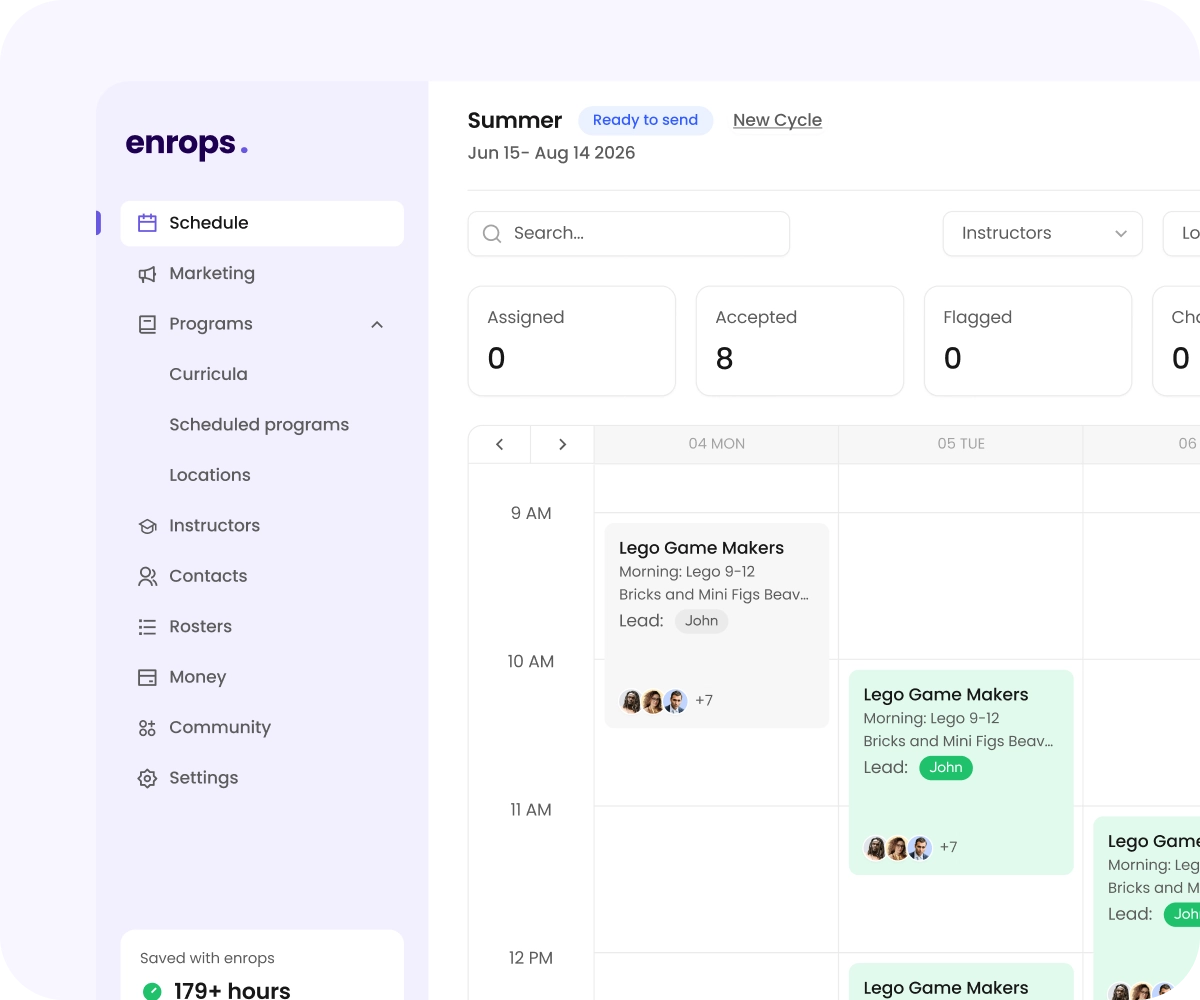 Enrops schedule view showing summer program with Lego Game Makers sessions, instructor assignments, and 179+ hours saved