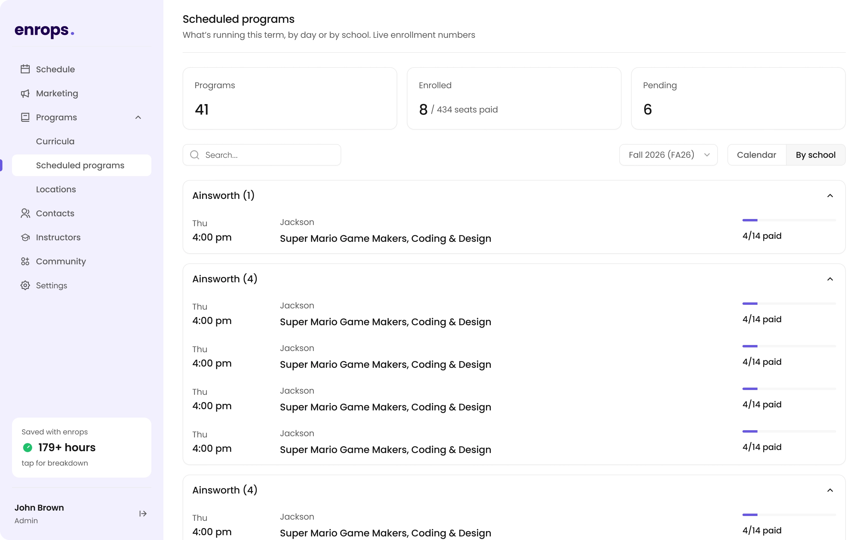 Enrops time tracker showing active session in progress for Art & Creativity Camp