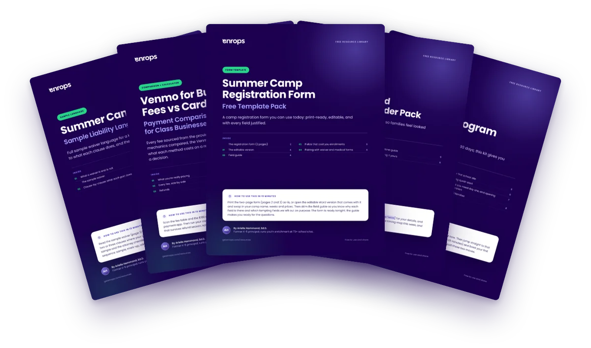Covers of free resources from the enrops library, including the summer camp startup kit and parent email pack