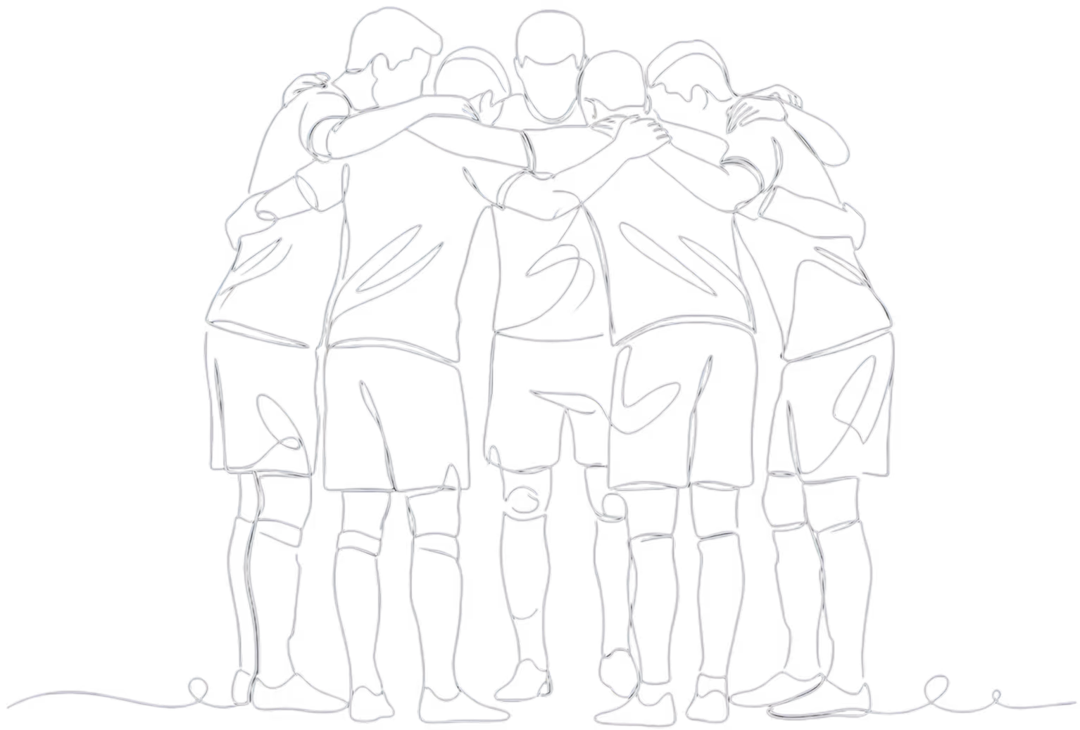 Outline drawing of a soccer team huddled together with arms around each other.