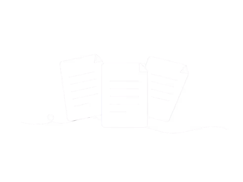 White line drawing of three documents with text lines on a black background connected by a single line.