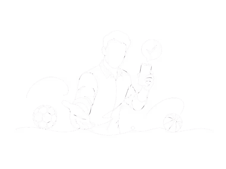 Line drawing of person holding phone with checkmark, surrounded by soccer and basketball balls.