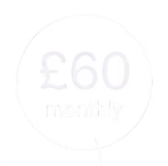 Circle with text £60 monthly in white on black background.